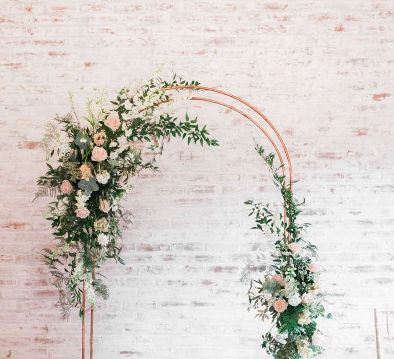 Copper Frame Arch with Pink, White and Green Floral Arrangements