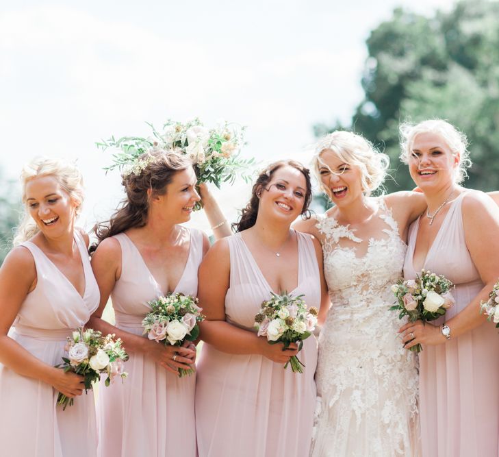 Bridal Party Portrait with Bridesmaids in Pink Maids to Measure Dresses