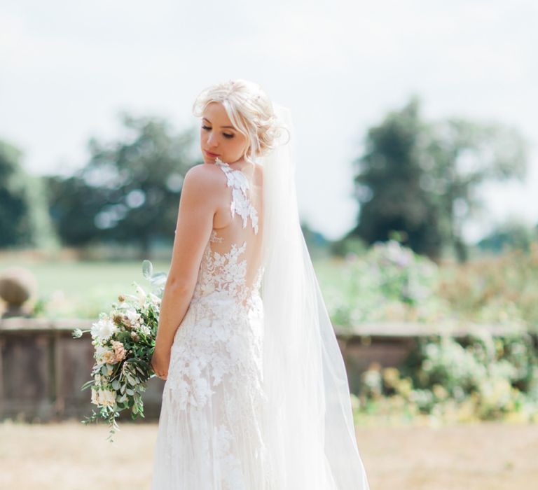 Beautiful Bride in Lace and Tulle Pronovias Wedding Dress