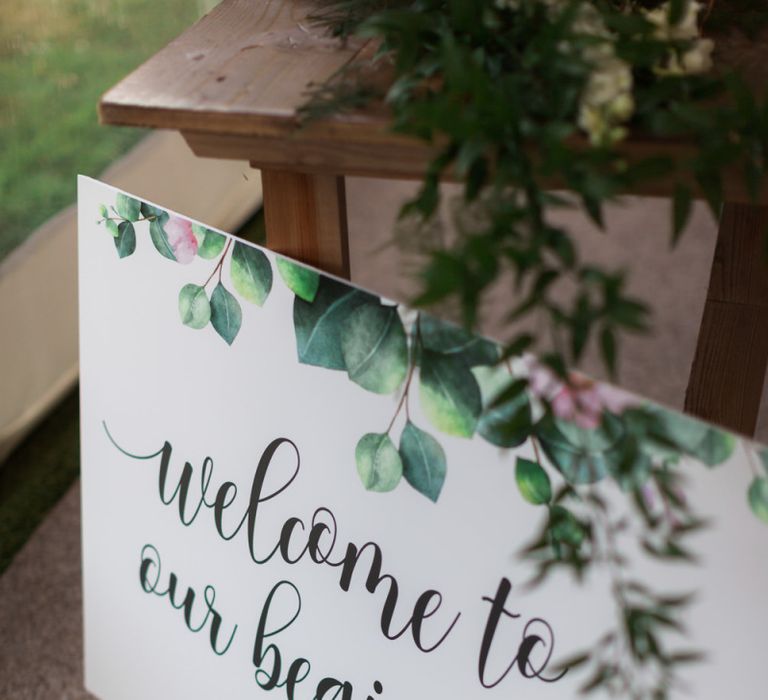 Pink and Green Floral Motif Wedding Sign