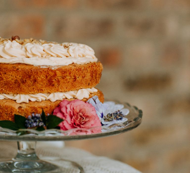 Homemade Wedding Cake on Glass Cake Stand