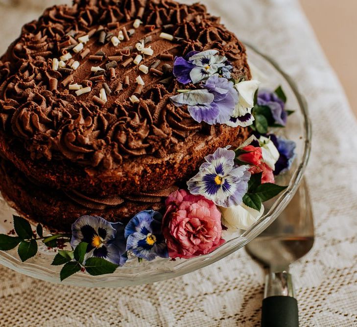 Homemade Chocolate Wedding Cake Decorated with Flowers