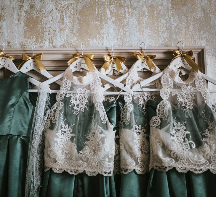 Green &amp; White Bridesmaid Separates | Green, White &amp; Gold Wedding at Buckland Tout Saints, Devon |  Darina Stoda Photography