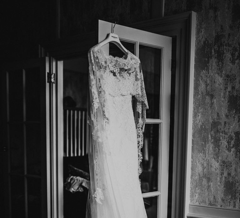 Pronovias Oringo Lace Bridal Gown &amp; Cape | Green, White &amp; Gold Wedding at Buckland Tout Saints, Devon |  Darina Stoda Photography