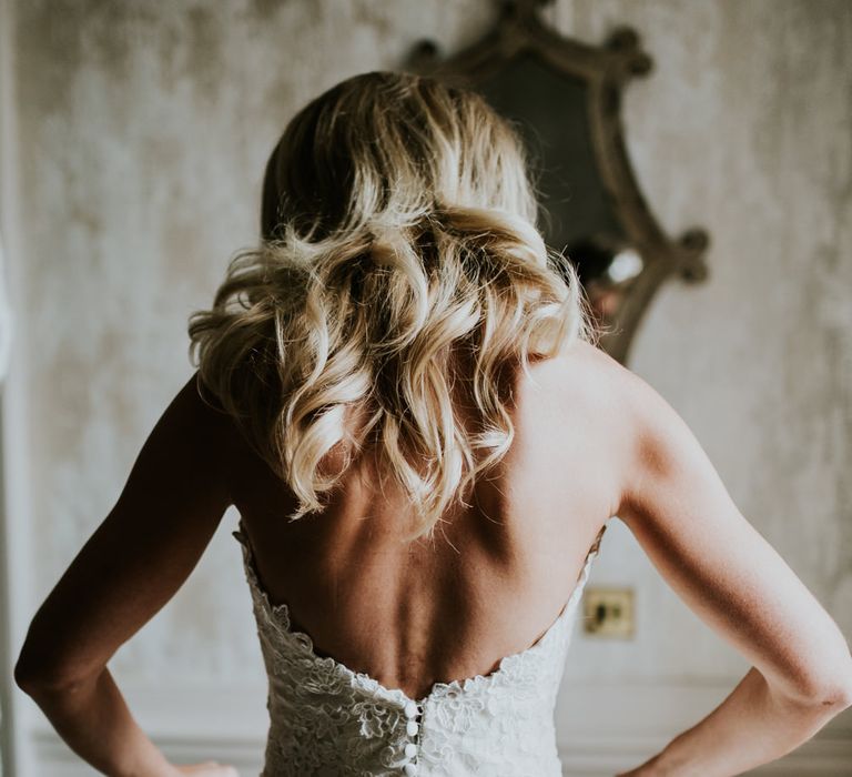 Bridal Morning Preparations | Pronovias Oringo Lace Bridal Gown | Green, White &amp; Gold Wedding at Buckland Tout Saints, Devon |  Darina Stoda Photography