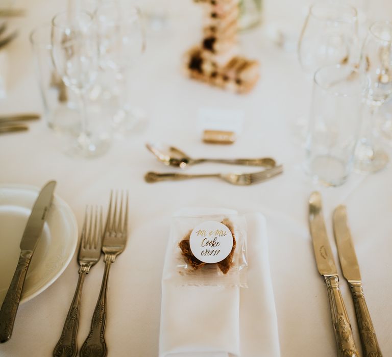 Place Setting &amp; Wedding Favour | Green, White &amp; Gold Wedding at Buckland Tout Saints, Devon |  Darina Stoda Photography