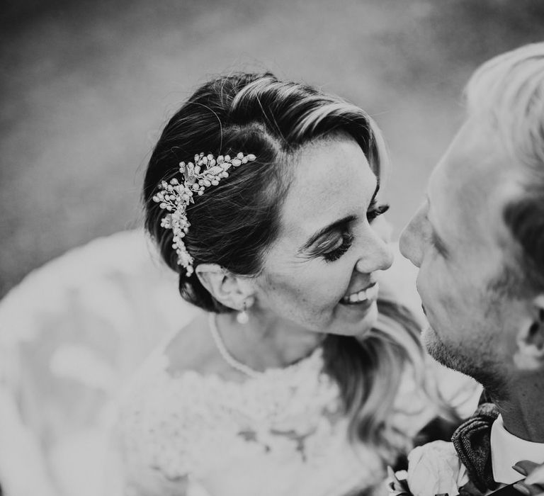 Bride in Pronovias Oringo Lace Bridal Gown &amp; Cape | Green, White &amp; Gold Wedding at Buckland Tout Saints, Devon |  Darina Stoda Photography