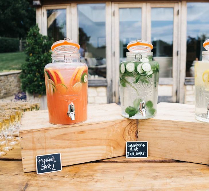 Wedding drinks in glass dispensers