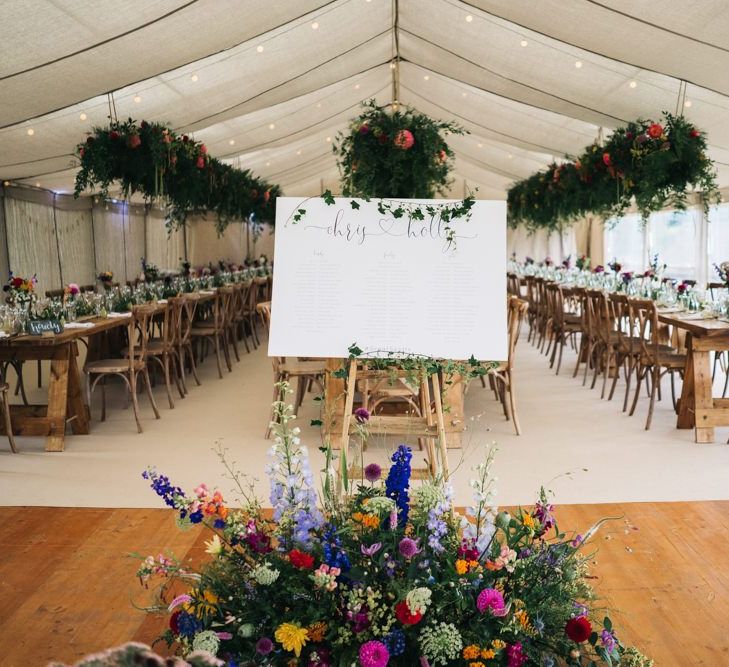 Wedding seating plan surrounded by flower displays