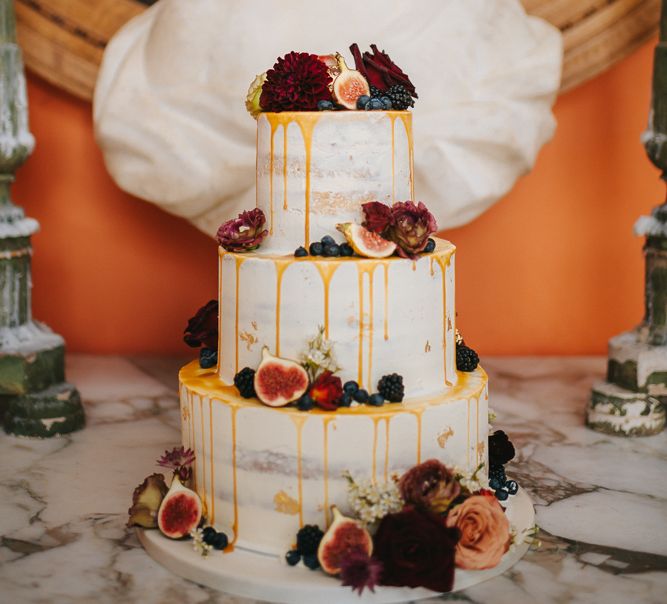 Three Tier Semi Naked Wedding Cake with Drip Icing and Fig Decor