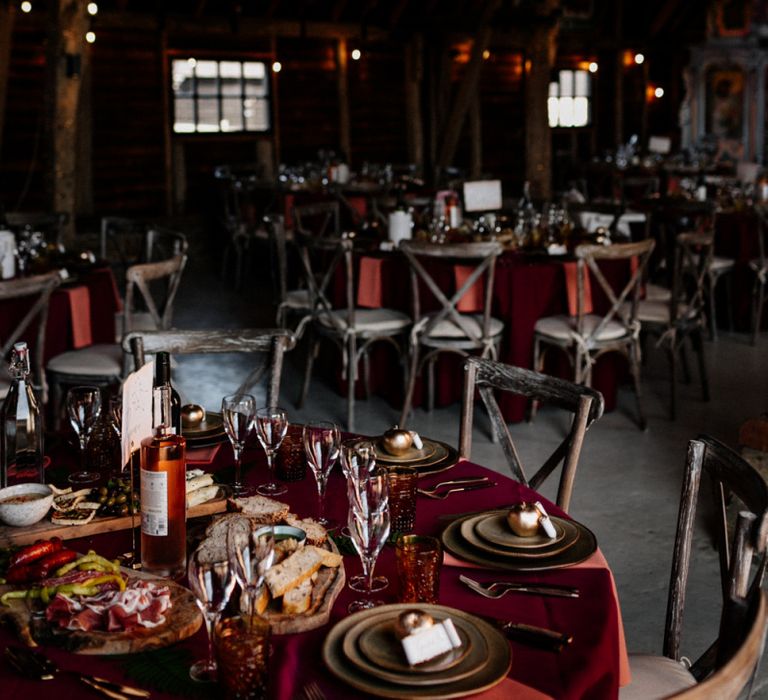 Red and gold wedding reception decor