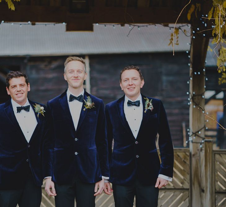 Groomsmen in blue velvet tuxedos for South Farm wedding