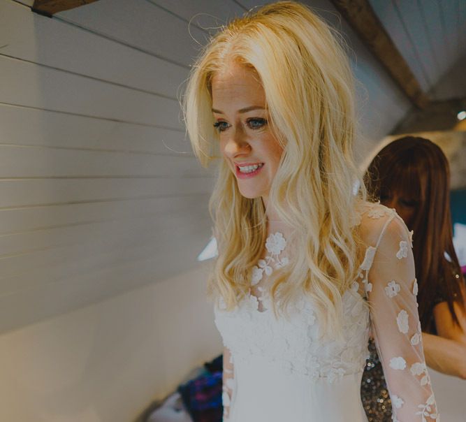 Bride in lace Rime Arodaky wedding dress for South Farm wedding