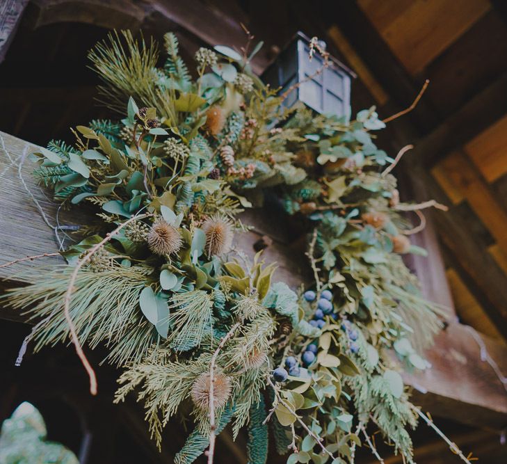 Winter wreath with foliage for South Farm wedding