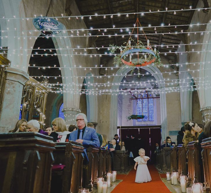 String lights wedding decor in the church