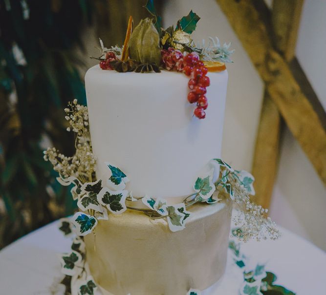 Homemade Christmas wedding cake wrapped in ivy