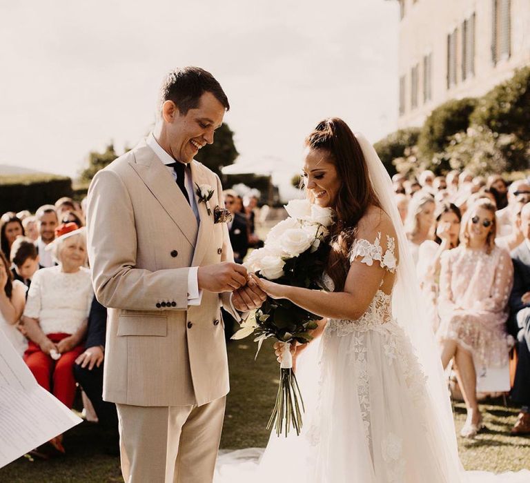 Bride in lace Galia Lahav wedding dress