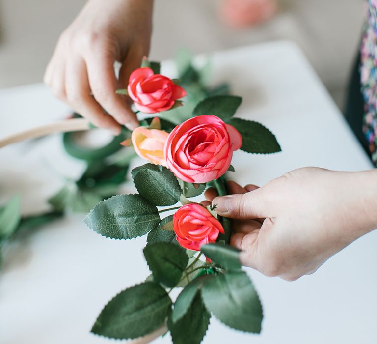 Coral peony hoop bouquets