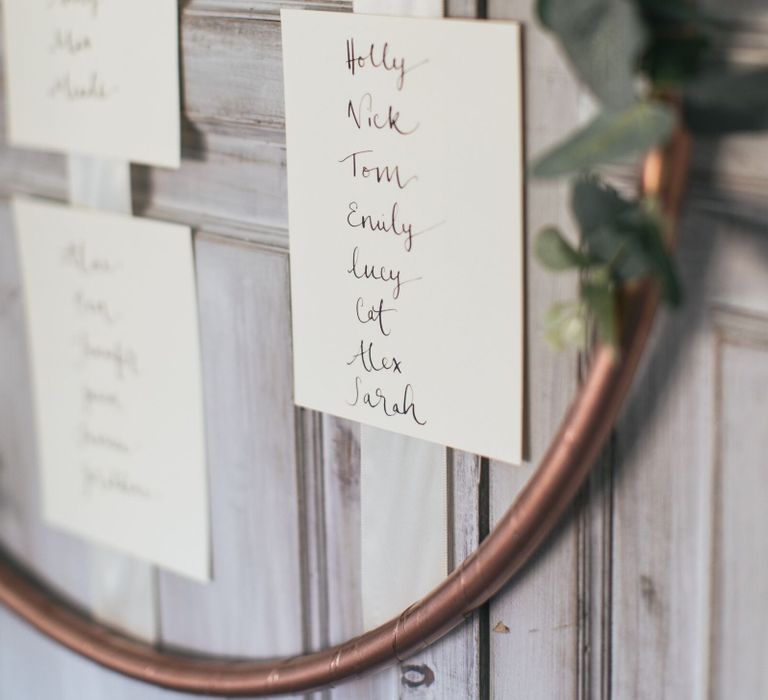 How to Make Wedding Decor Using Hula Hoops | Copper Colour Scheme Wedding | Copper Table Plan with Eucalyptus and White Ribbons