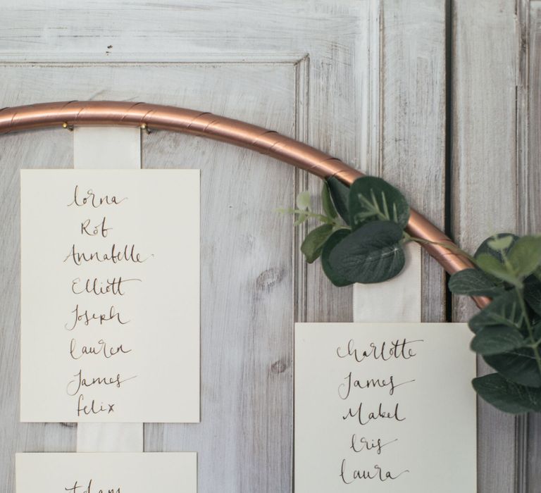 DIY Hula Hoop Table Plan for a Copper, Grey and Green Wedding | Calligraphy Table Plan Cards | Modern Industrial Wedding