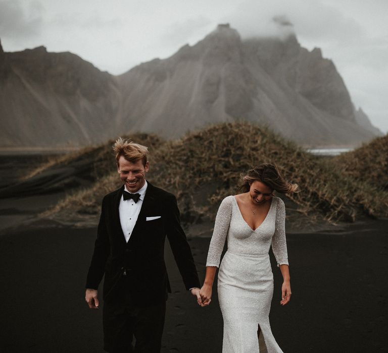 Iceland Elopement Wedding // Bride In Sequin Suzanne Harward Dress // Images By James Frost Photography // Personalised Wedding Vows