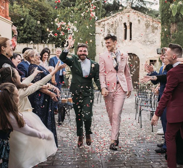 Confetti Exit with Groom in Pink Wedding Suit and Green Wedding Suit