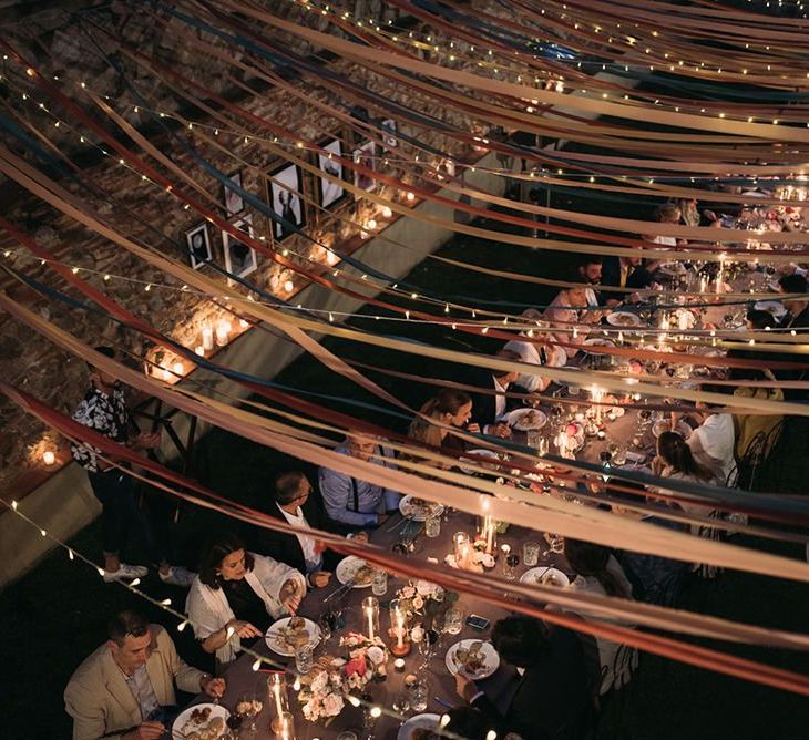 Colourful Ribbon and Fairy Light Wedding Reception Canopy