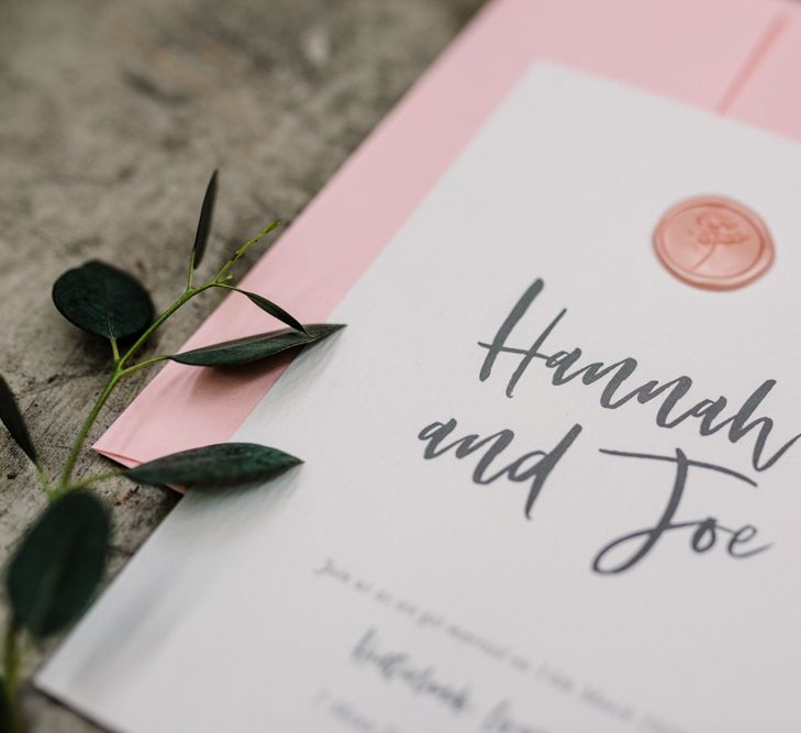 Stylish Knockknockpennystudio Wedding Stationery with Rose Gold Wax Seal and Pink Envelope