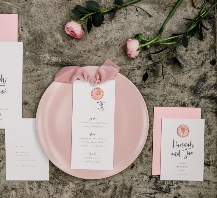 Stylish Knockknockpennystudio Wedding Stationery Suite with Rose Gold Wax Seal, Bold Font and Pink Envelope