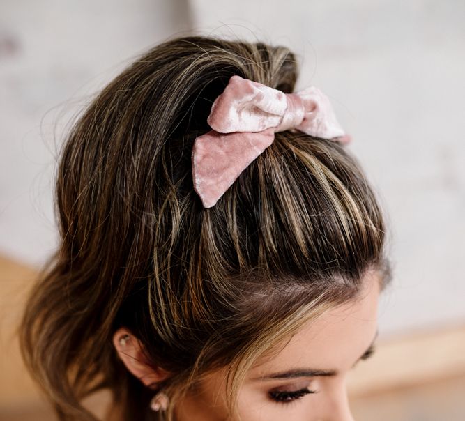 Bride with Pony Tail Tied in Pink Velvet Ribbon