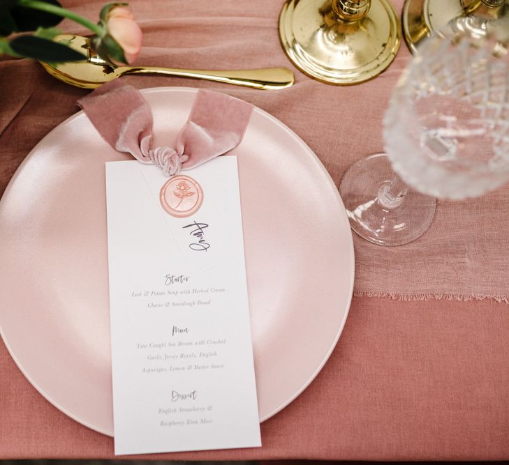 Stylish Menu Card with Pink Wax Seal and Velvet Ribbon