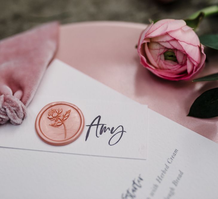 Stylish Name Card with Pink Wax Seal and Velvet Ribbon by  Knockknockpennystudio