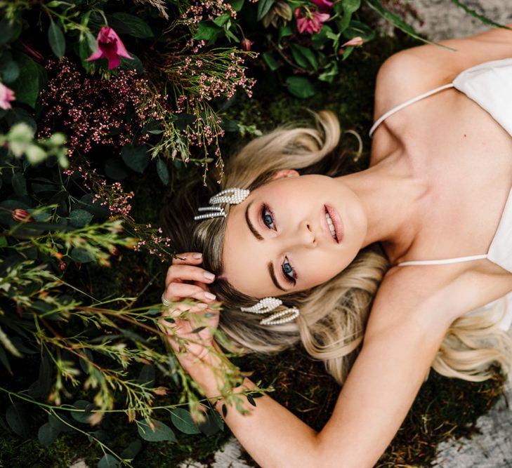 Bride with Natural Wedding Day Makeup and Pearl Giant Hair Clips