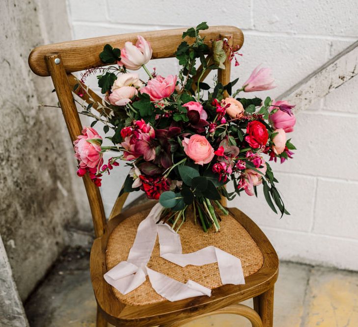 Deep Pink and Light Pink Wedding Bouquet Tied With Ribbon