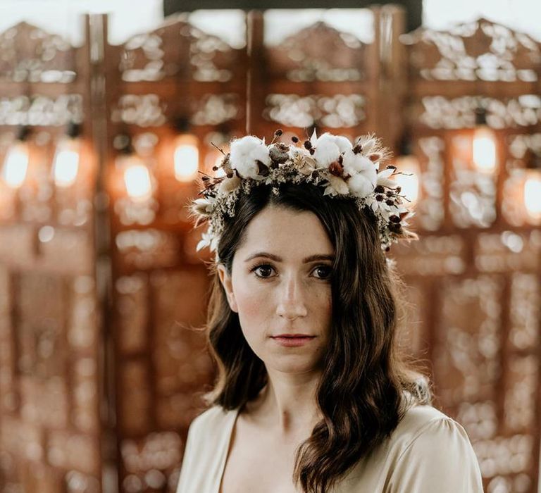 Bride with Wavy Hair and Dried Flower Hair Crown