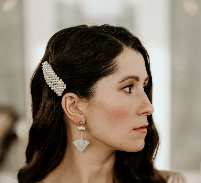 Bride with Finger Wave Hair, Pearl Hair Slide and Chandelier Earrings