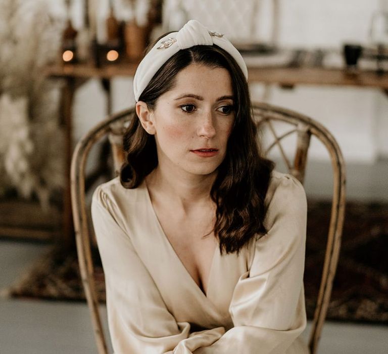 Beautiful Bride in Satin Wedding Dress, Finger Wave Hair and Turban Headdress