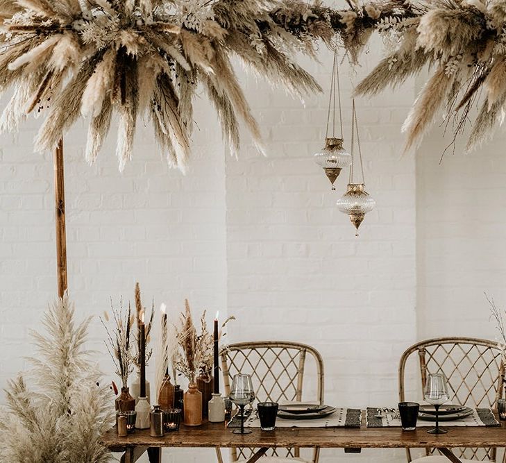 Boho Wedding Styled with Pampas Grass Installation, Ink Bottles and Black Taper Candles