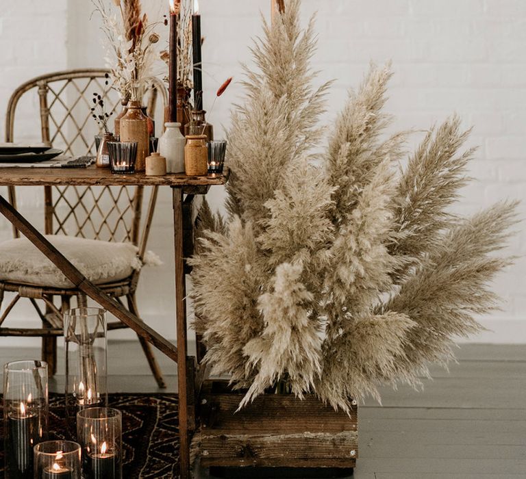 Pampas Grass Arrangement, Ink Bottles and Taper Candles Wedding Decor