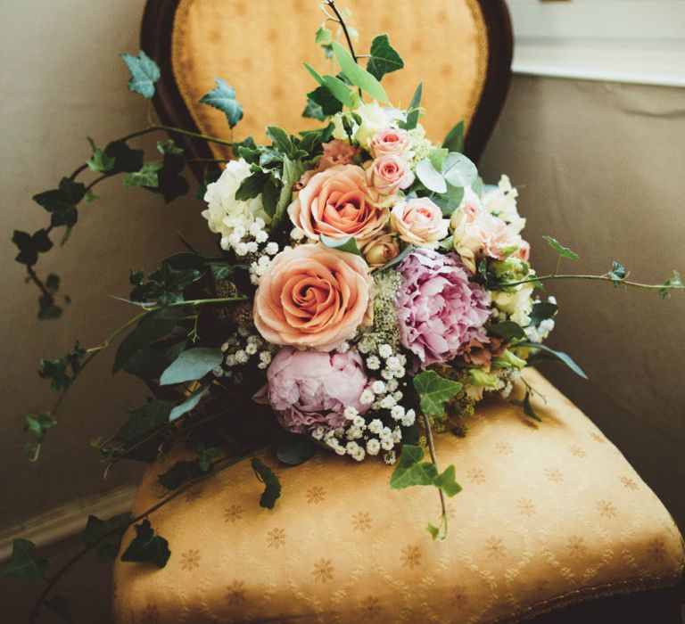 Pink Peony and Peach Rose Wedding Bouquet with Foliage