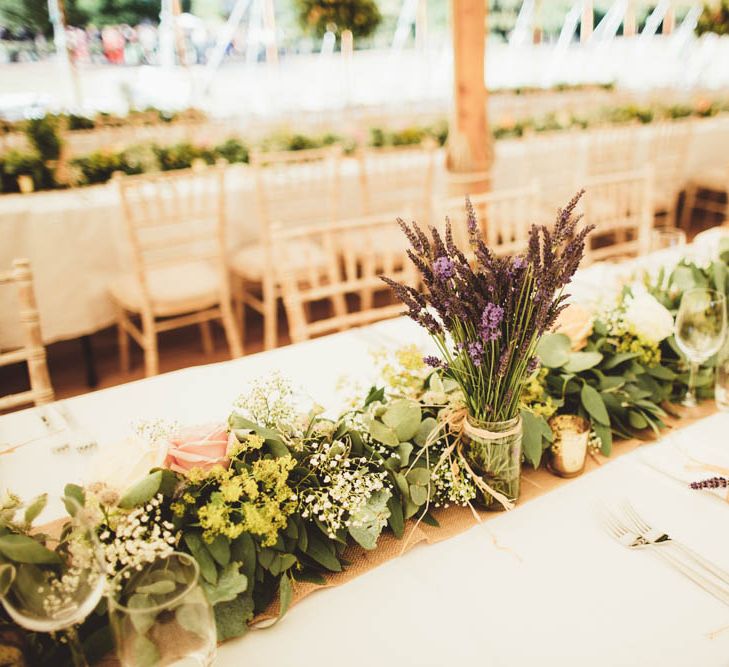 Greenery Table Runner and Lavender Stems in Jars