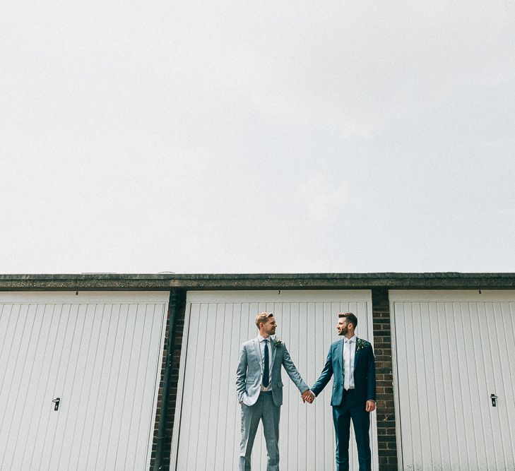 Pre-Ceremony Photos in Shoreditch | Groom in Dark Petrol Blue Suit by Paul Smith | Groom in Light Blue Made-To-Measure Suit by Beggars Run | Same Sex Wedding with Industrial Styling at Wimborne House | Marmelo Photography