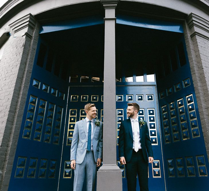 Wedding Morning at The Hoxton Hotel | Groom in Dark Petrol Blue Suit by Paul Smith | Groom in Light Blue Made-To-Measure Suit by Beggars Run | Same Sex Wedding with Industrial Styling at Wimborne House | Marmelo Photography