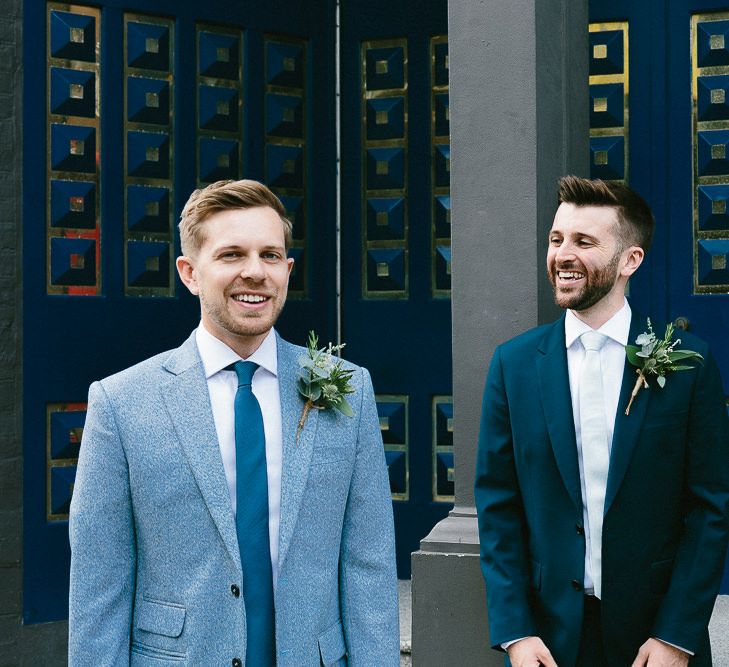 Wedding Morning at The Hoxton Hotel | Groom in Dark Petrol Blue Suit by Paul Smith | Groom in Light Blue Made-To-Measure Suit by Beggars Run | Same Sex Wedding with Industrial Styling at Wimborne House | Marmelo Photography