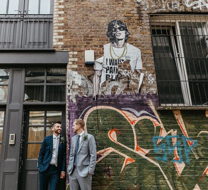 Pre-Ceremony Photos in Shoreditch | Groom in Dark Petrol Blue Suit by Paul Smith | Groom in Light Blue Made-To-Measure Suit by Beggars Run | Same Sex Wedding with Industrial Styling at Wimborne House | Marmelo Photography