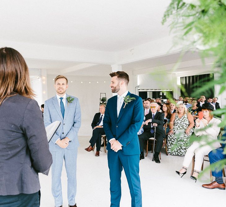 Wedding Ceremony | Groom in Dark Petrol Blue Suit by Paul Smith | Groom in Light Blue Made-To-Measure Suit by Beggars Run | Same Sex Wedding with Industrial Styling at Wimborne House | Marmelo Photography