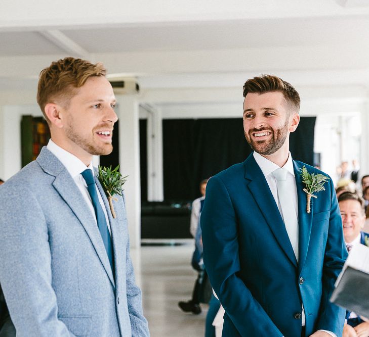 Wedding Ceremony | Groom in Dark Petrol Blue Suit by Paul Smith | Groom in Light Blue Made-To-Measure Suit by Beggars Run | Same Sex Wedding with Industrial Styling at Wimborne House | Marmelo Photography