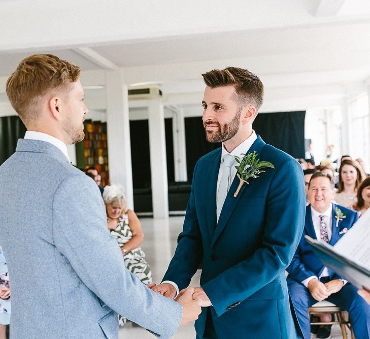 Wedding Ceremony | Groom in Dark Petrol Blue Suit by Paul Smith | Groom in Light Blue Made-To-Measure Suit by Beggars Run | Same Sex Wedding with Industrial Styling at Wimborne House | Marmelo Photography