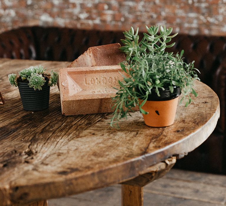 Wedding Reception Decor | Potted Plants | Succulents | Same Sex Wedding with Industrial Styling at Wimborne House | Marmelo Photography