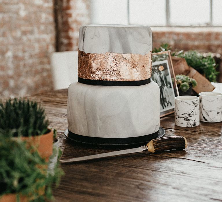 Marble Wedding Cake with Copper Leaf | Potted Plants | Succulents | Same Sex Wedding with Industrial Styling at Wimborne House | Marmelo Photography